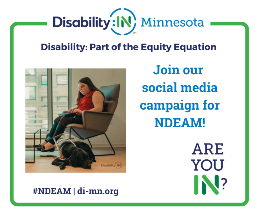 Disability:IN Logo girl sitting with service animal. She is looking at her computer. Text reads Join our social media campign for NDEAM!