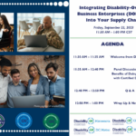Event flyer for Integrating Disability Owned Business Enterprises (DOBE) into your Supply Chain. There are 3 photos to the left of the postcard: a woman in a wheelchair working on a computer, a man sitting on a couch in a military uniform talking on a phone and typing on a laptop, and 4 people standing next to one another viewing a computer screen. At the bottom of a picture is the text Photos courtesy of unsplash.com and 3 DOBE certification badges below. Text on the right of the postcard reads: Integrating Disability Owned Business Enterprises (DOBE) into your Supply Chain. Friday, September 22, 2023 11:30 AM – 1:00 PM CST. Agenda, 11:30 AM – 11:35 AM, Welcome from Disability:IN; 11:35 AM – 12:40 PM, Panel Discussion on the Benefits of Doing Business with Certified DOBE®s; 12:40 PM – 12:50 PM, Q & A; 12:50 PM – 1:00 PM Wrap Up & Next Steps