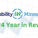 Graphic reads: Disability:IN Minnesota, 2024 Year in Review in bright green text against a white background. A transparent graph with an upward trending line appears in the background.