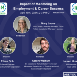 Event flyer that reads Impact of Mentoring on Employment & Career Success in white text against a dark blue background. Virtual Event hosted by Disability:IN North Texas. Thursday, April 18 at 2:00 PM CT. Featuring headshots of Moderator Mary Leone and panelists Ethan Ochs, Aaron Weikum, and Lauren Hunter.