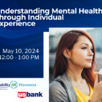 Graphic reads: Understanding Mental Health Through Individual Experience in bold white text against a dark blue gradient background. May 10, 2024 12:00 - 1:00 PM CST. To the right is a photo of a woman with long red hair wearing a yellow shirt, holding a cup of coffee. She is looking outward into the distance with a contemplative look on her face.