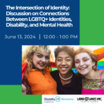 Graphic reads the Intersection of Identity: Discussion on Connections between LGBTQ+ Identities, Disability, and Mental Health. June 13, 2024 12:00 PM - 1:00 PM in white text against a dark blue background. Below is a photo of three queer people dressed in bight colors smiling with a pride flag around their shoulders.